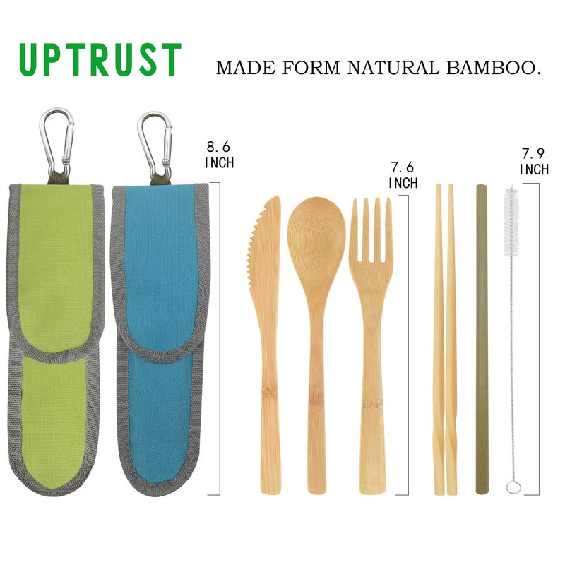 UPTRUST 2 Set Bamboo Cutlery Set Bamboo Travel Utensil Reusable Table cutlery Fork Knife Spoon Chopsticks Straw Cleaning Brush for Travel Picnic School Officeï¼ˆSkyblue& Greenï¼‰ - Image 3
